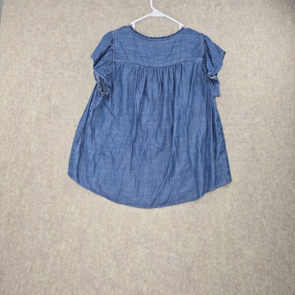 Lauren Conrad Womens Chambray Blue Tie-Neck Lightweight Short Sleeve Blouse - Picture 2 of 7